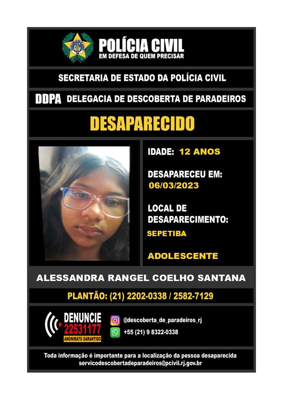 Cartaz da DDPA com informações de Alessandra — Foto: Reprodução