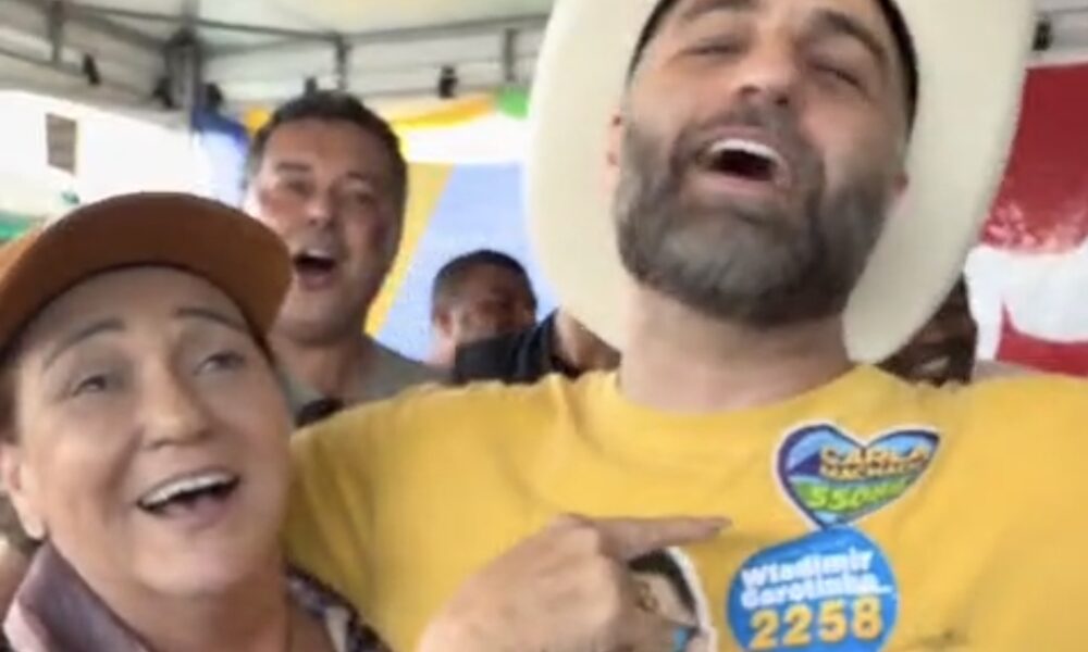 Adesivo, abraço e bom humor: Carla Machado e Wladimir Garotinho protagonizam cena inusitada nos 700 Cavaleiros