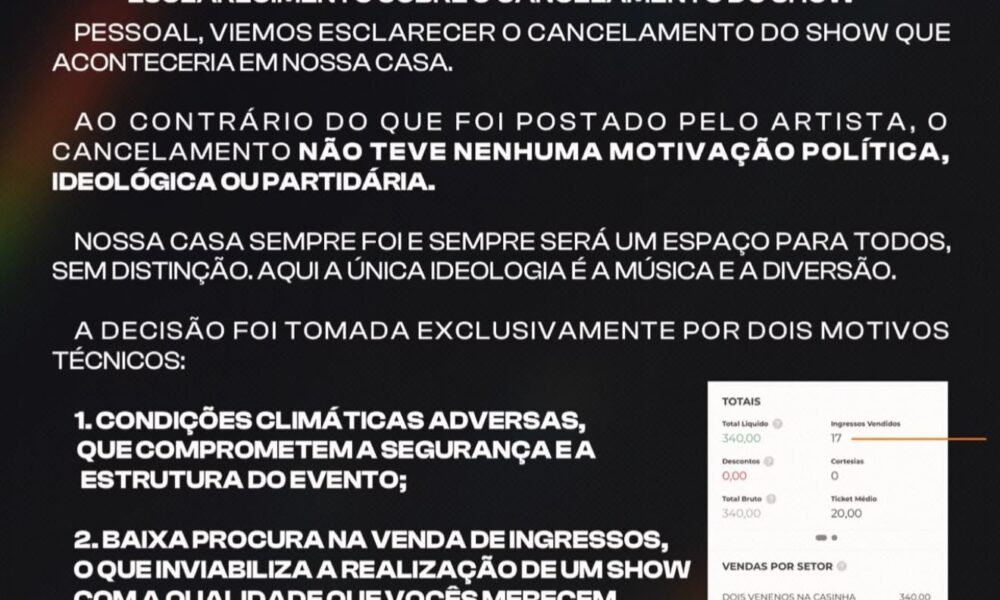 Casa de shows divulga nota e nega motivação política em cancelamento de show de Karine