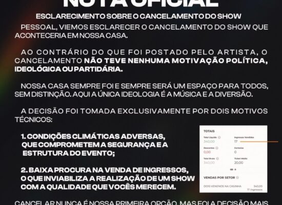 Casa de shows divulga nota e nega motivação política em cancelamento de show de Karine